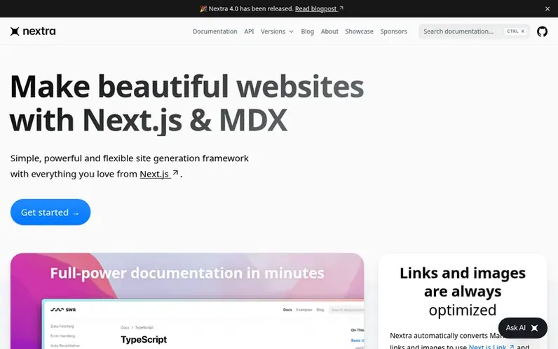 Screenshot of the Nextra homepage