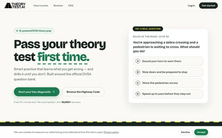 Screenshot of the Theory Test AI homepage
