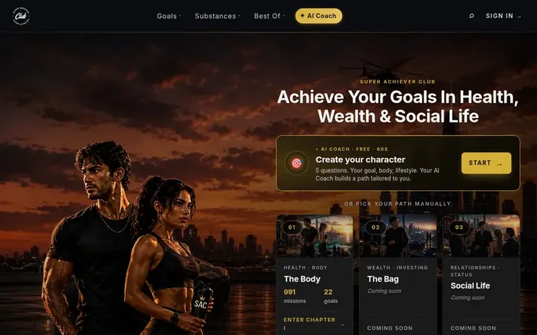 Screenshot of the Super Achiever Club homepage
